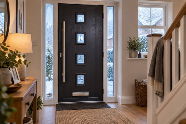Composite front door in a warm hallway during winter