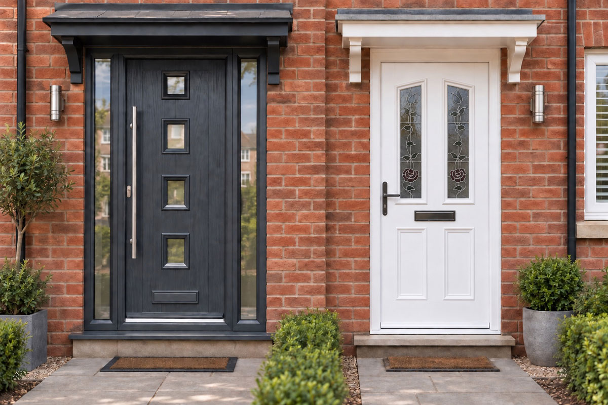 Composite and uPVC front doors shown side by side