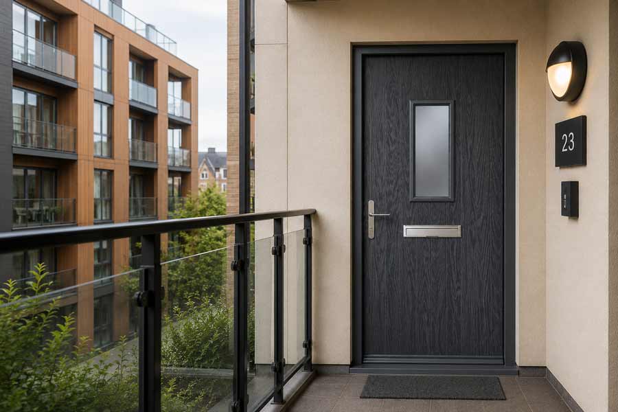 grey external composite fire door for an apartment