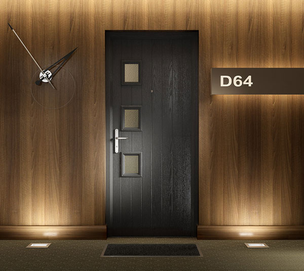 black composite front door with side panels