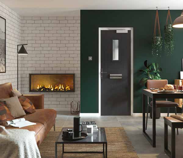 grey external composite fire door for an apartment